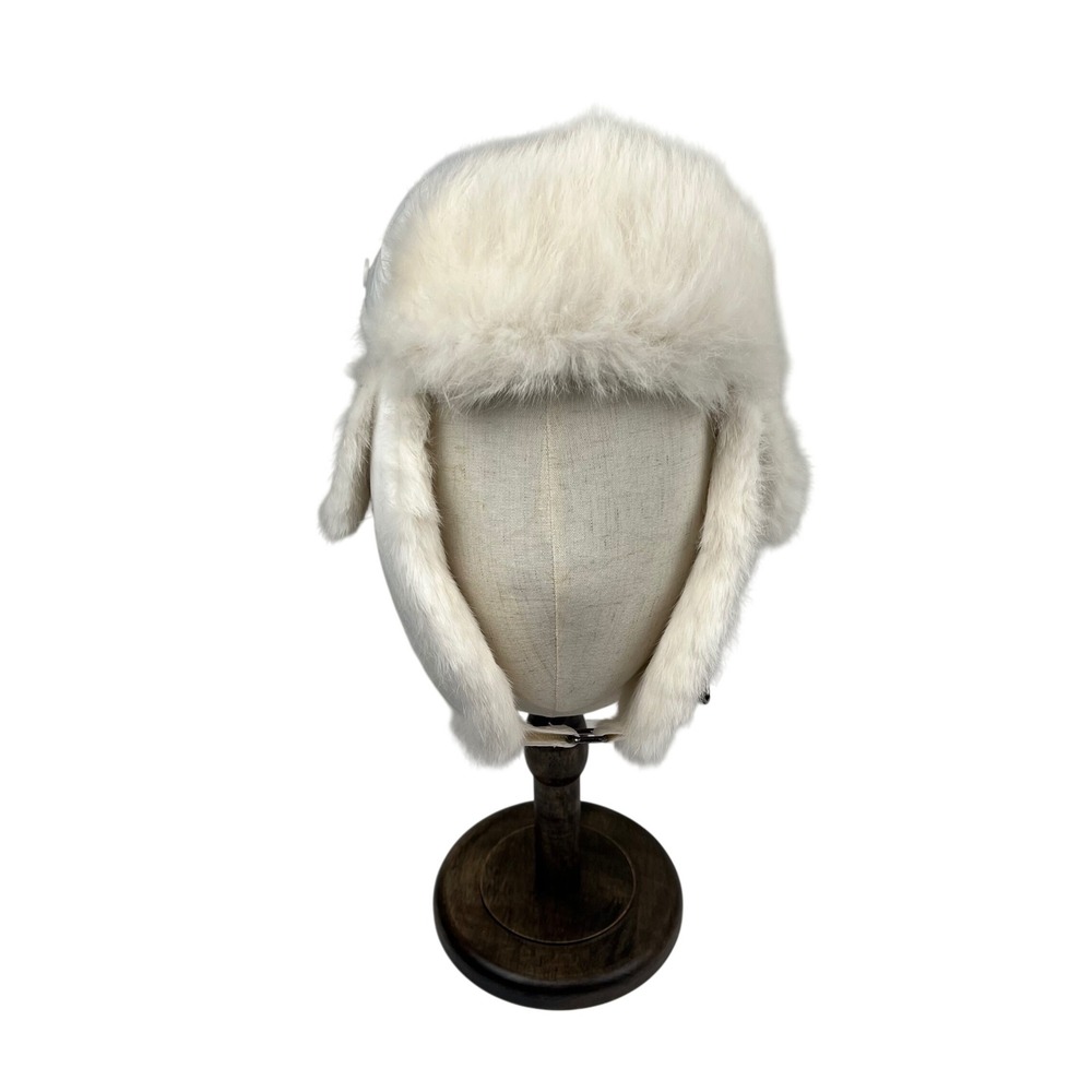 FRR Canada White Rabbit Fur Aviator Trapper Hat Taslon Winter Cap Womens S/M